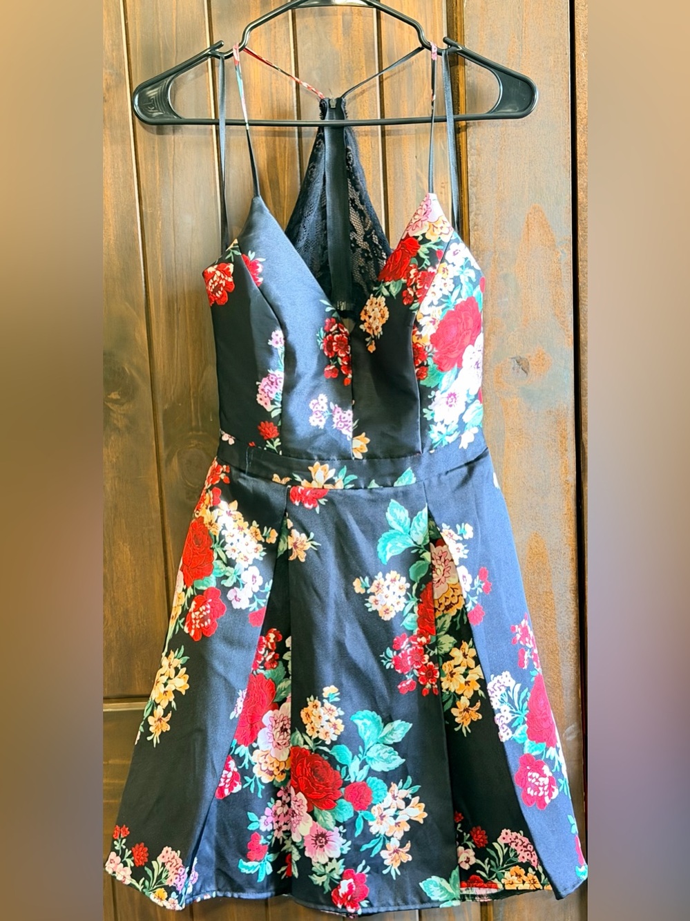 B. Smart Black Floral Spaghetti-Strap Mini Dress